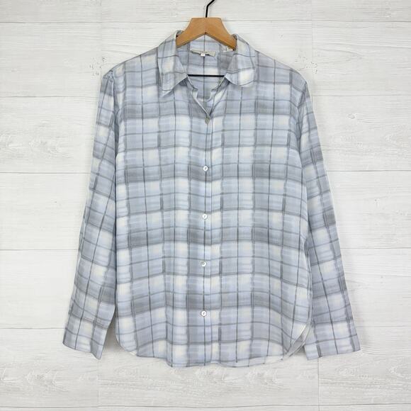 Vince 100% Silk Button Down Long Sleeve Blouse Women M Hazy Plaid Powder Blue - Picture 2 of 16